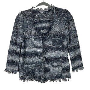 360 Sweater Boucle Knit Cardigan Blazer Frayed Fringe Distressed Black Gray Sz L